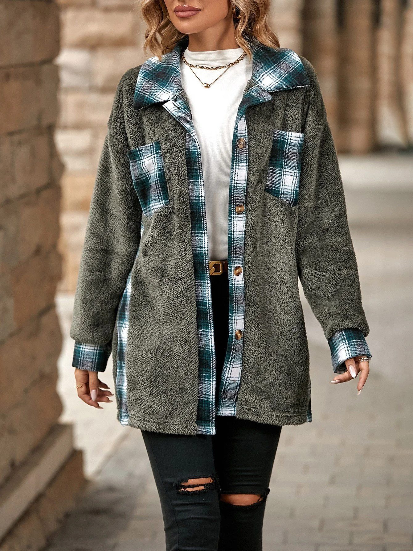 Single-breasted Lapel Plaid Plush Coat