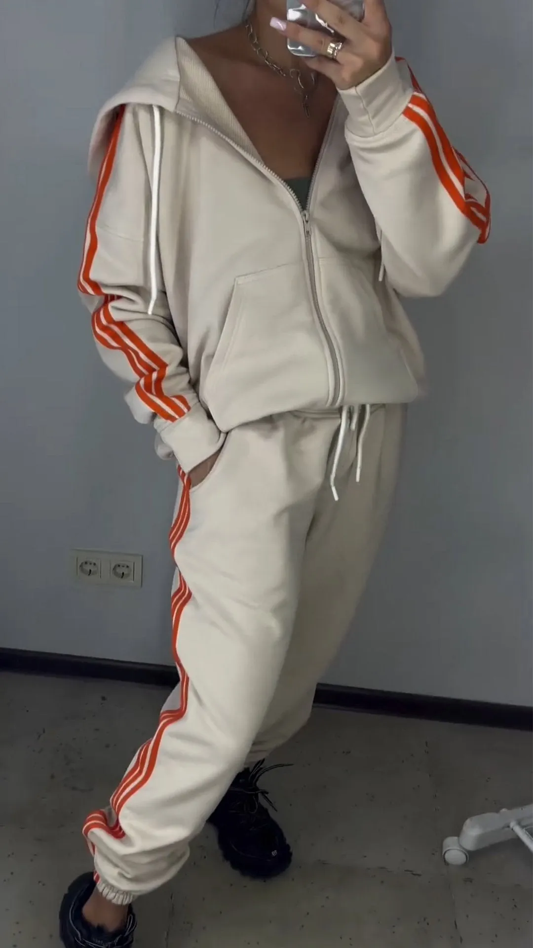 Women's Casual Solid Color Striped Cardigan Two-piece Suit