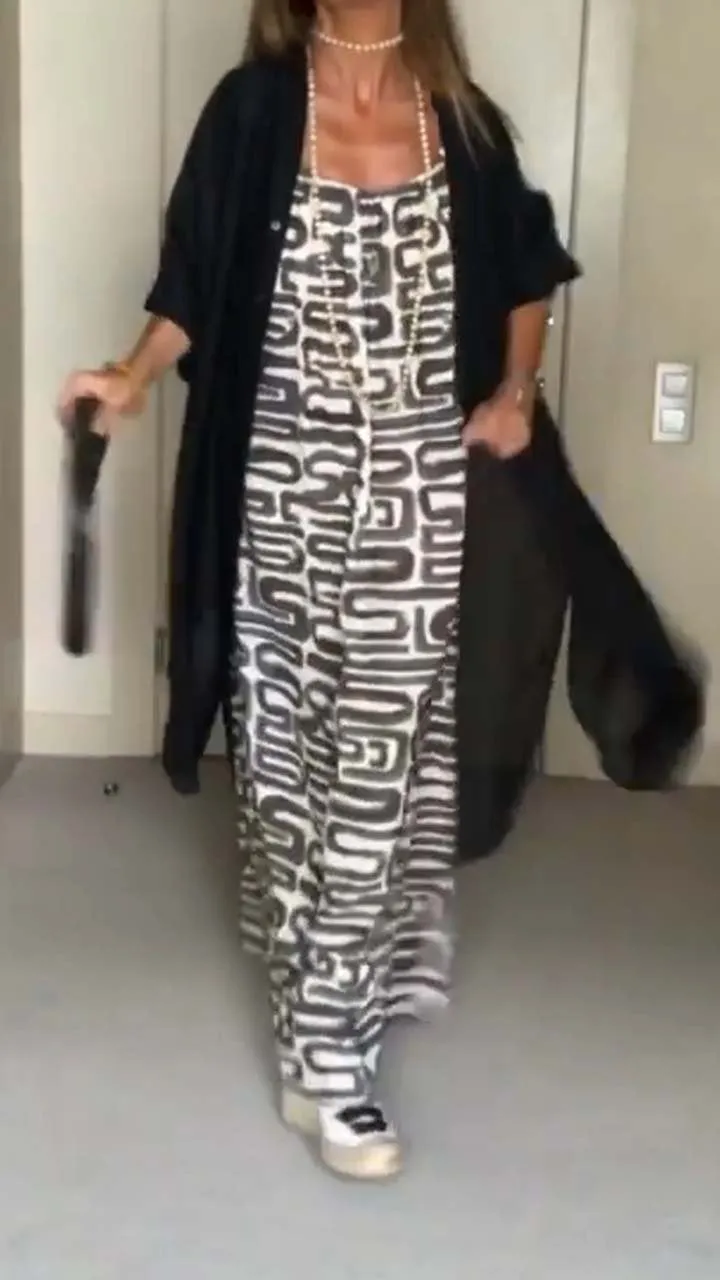 Women's Casual Sling Printed Sleeveless Dress and Solid Cardigan